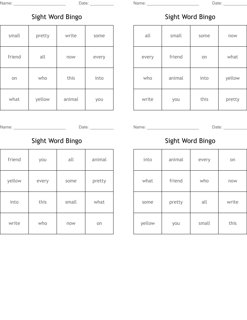 Sight Word Bingo