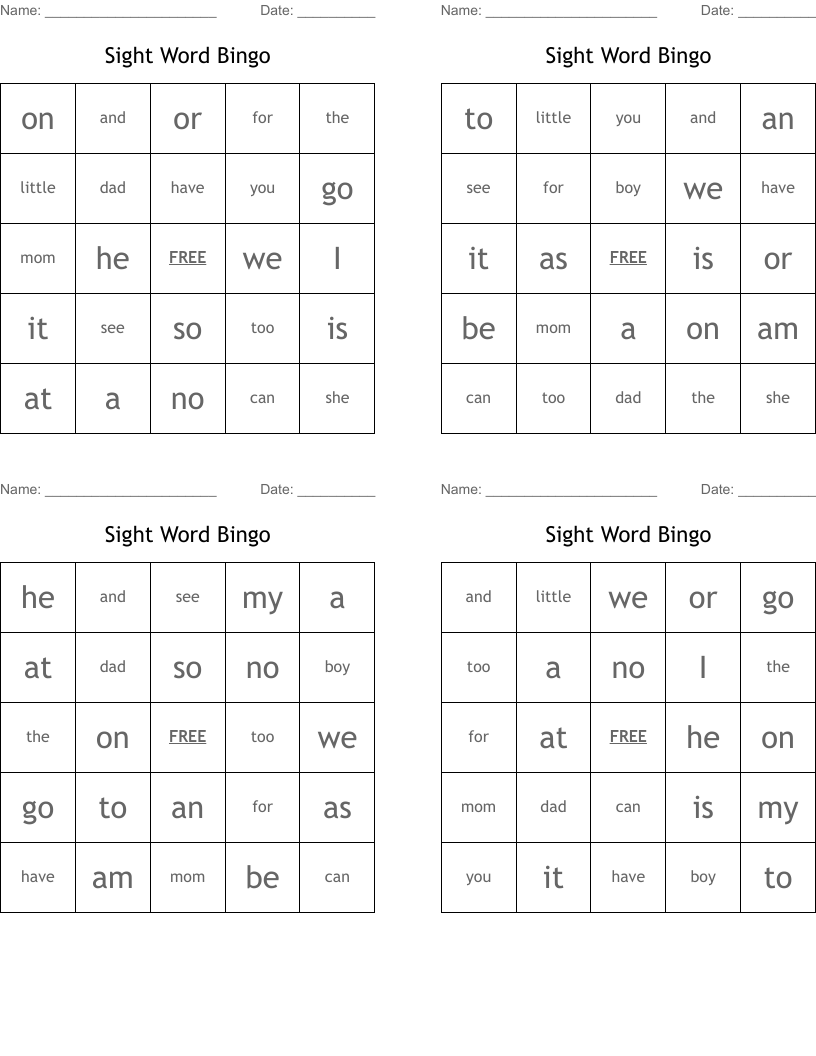 Sight Word Bingo