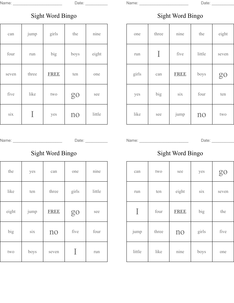 Sight Word Bingo