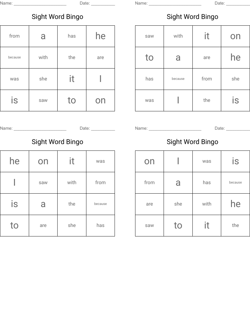 Sight Word Bingo