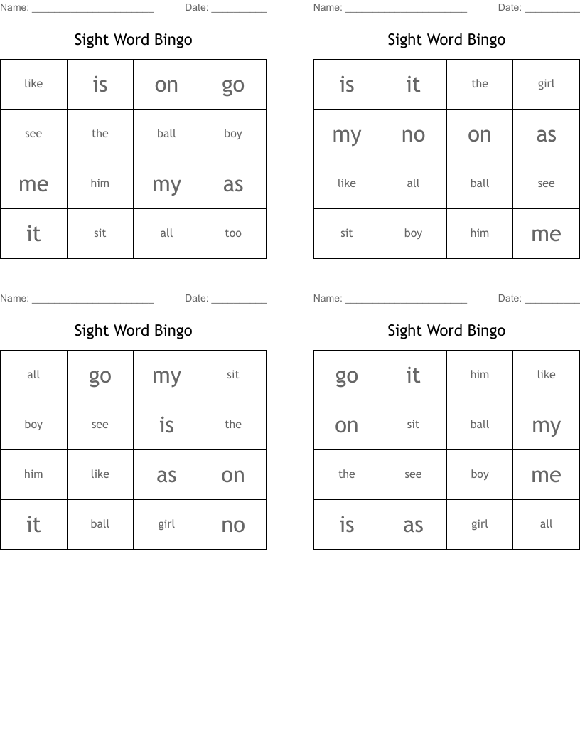 Sight Word Bingo