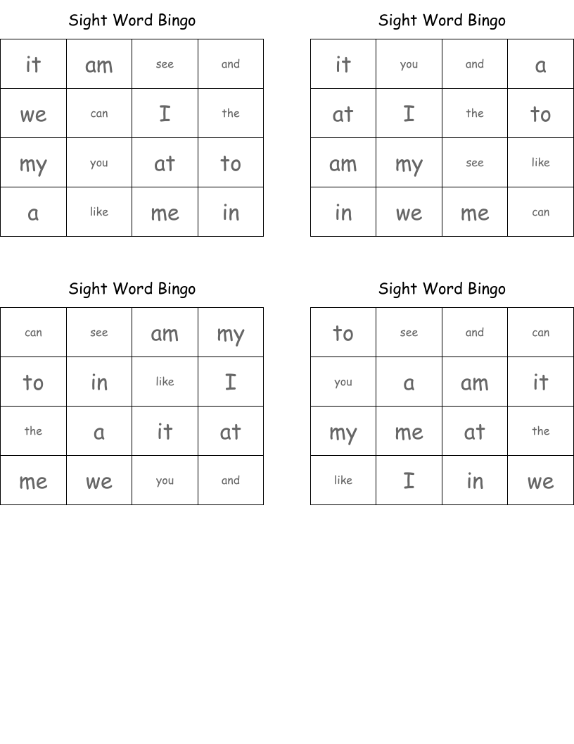 Sight Word Bingo