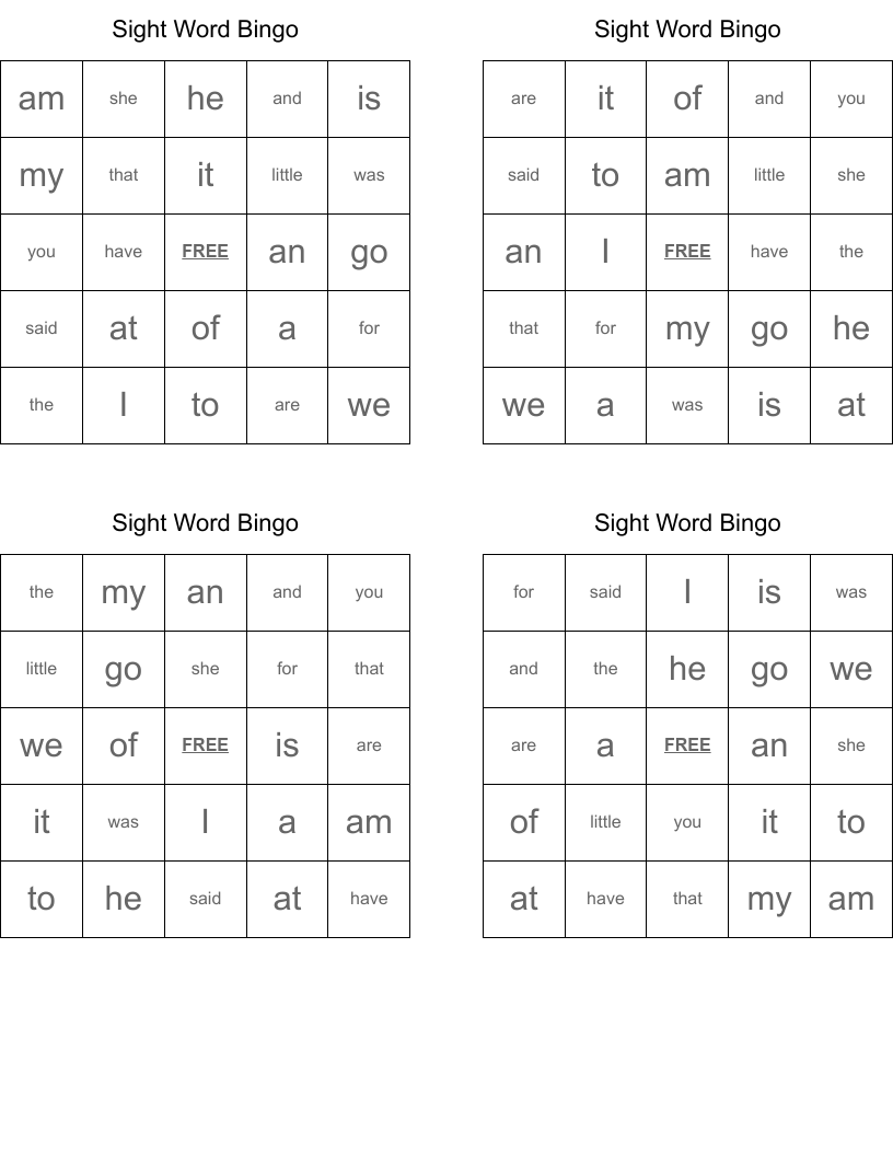 Sight Word Bingo