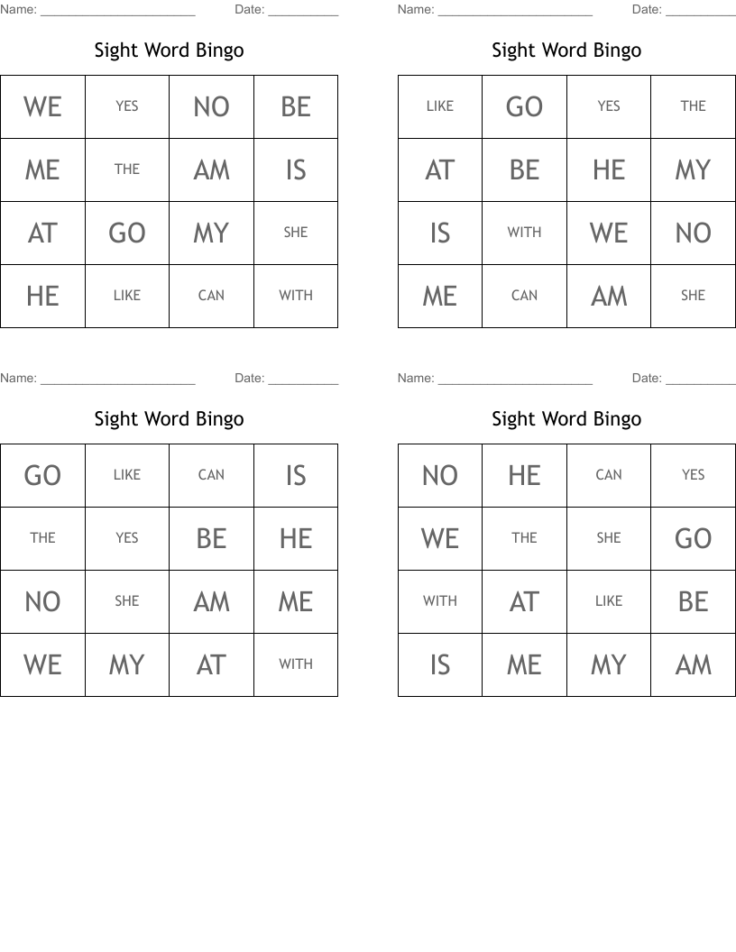 Sight Word Bingo