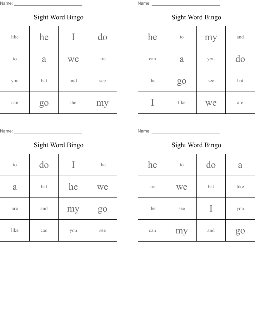 Sight Word Bingo
