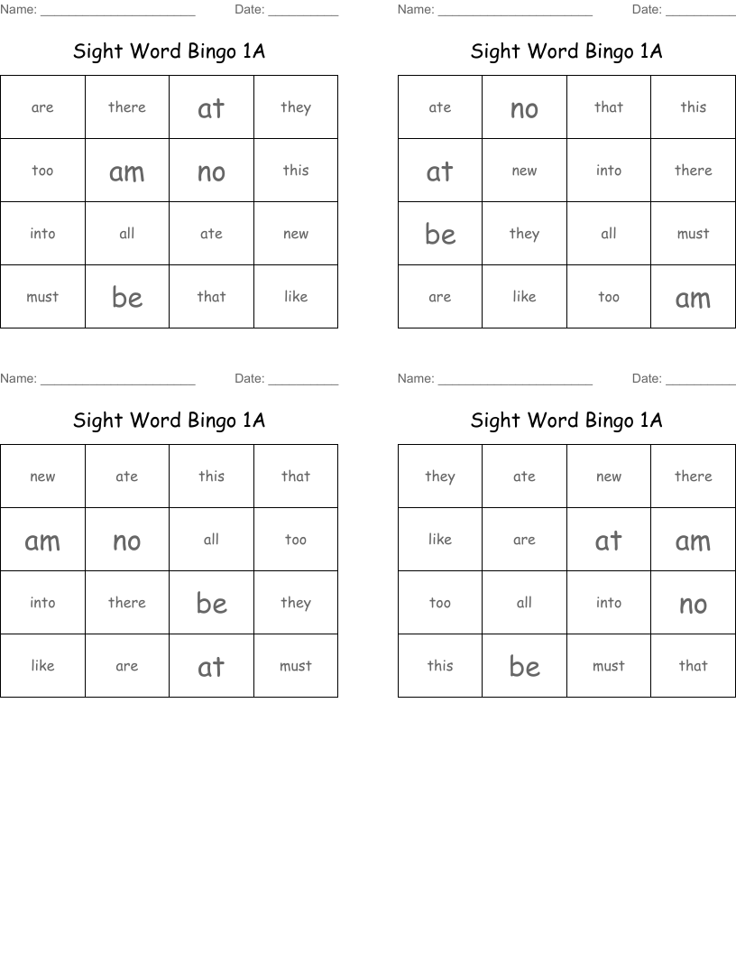 Sight Word Bingo 1A