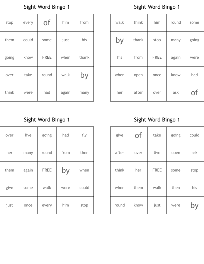 Sight Word Bingo 1