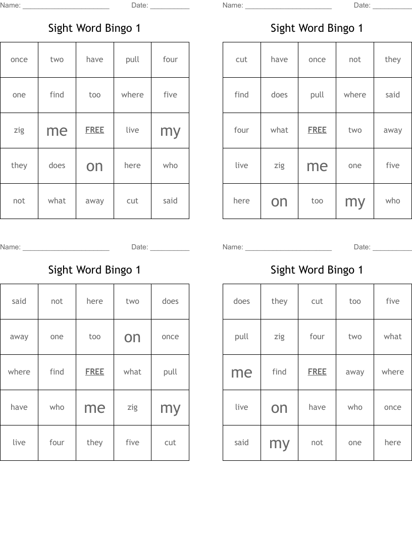Sight Word Bingo 1