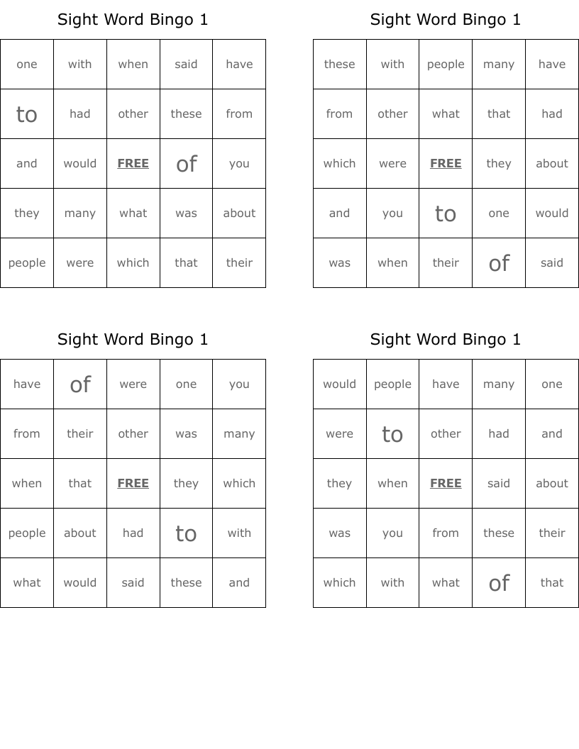 Sight Word Bingo 1