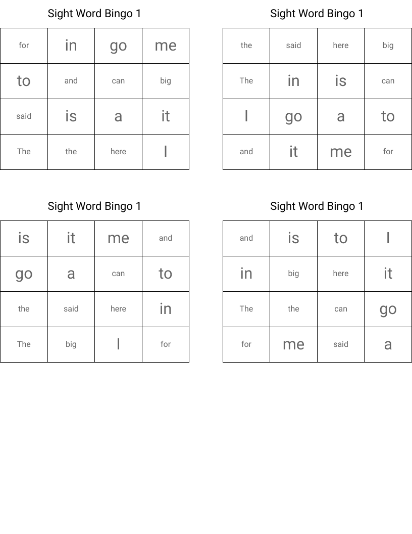 Sight Word Bingo 1
