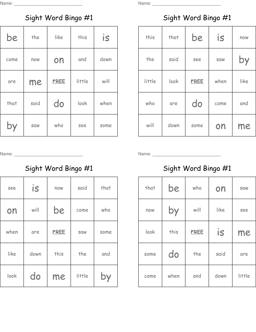 Sight Word Bingo #1