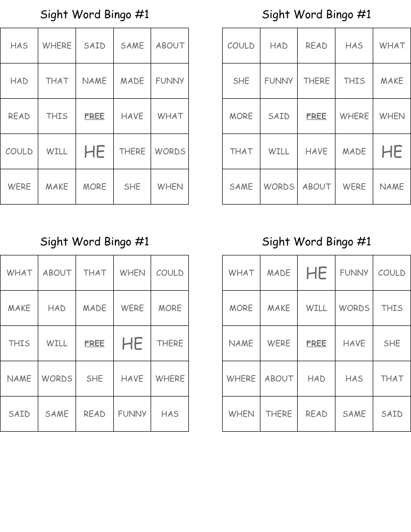 Sight Word Bingo #1