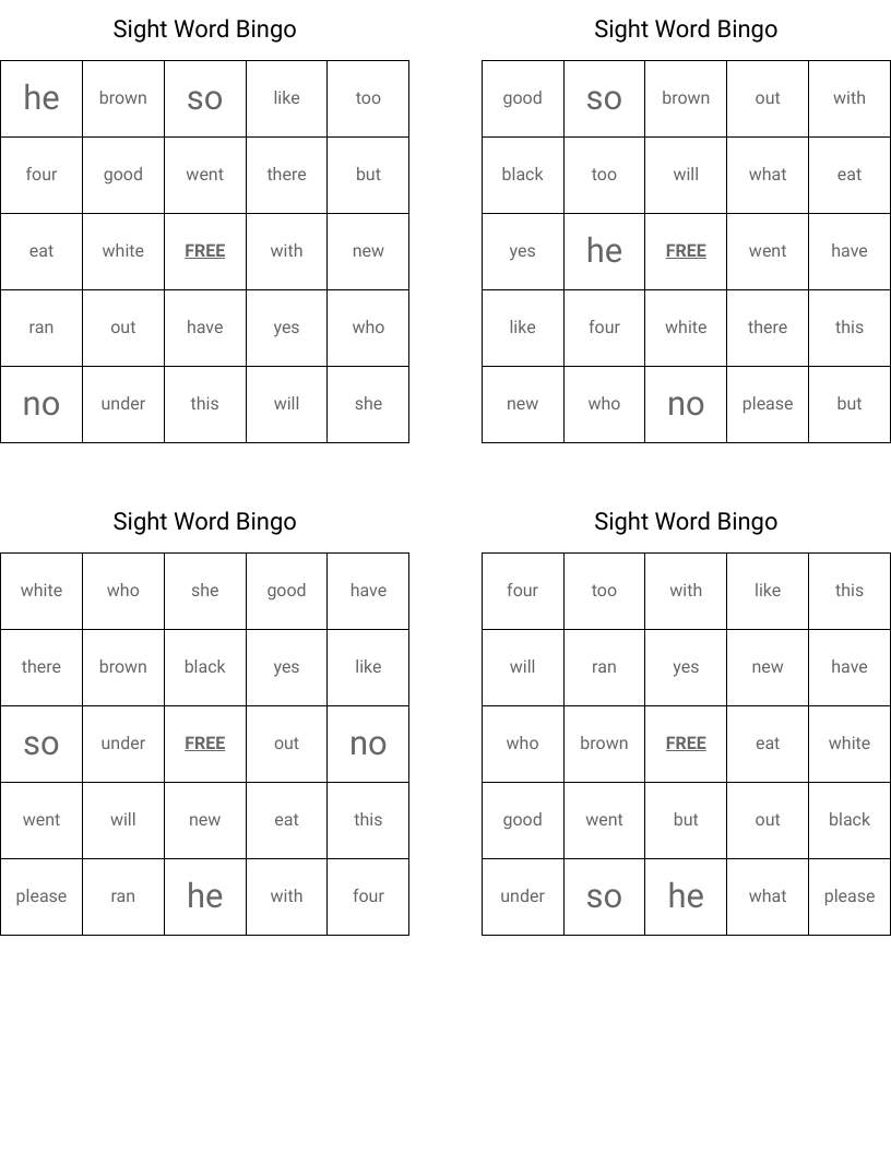 Sight Word Bingo