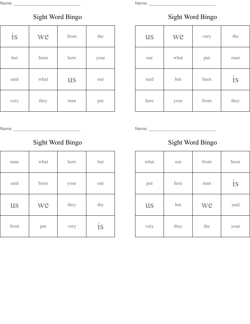 Sight Word Bingo