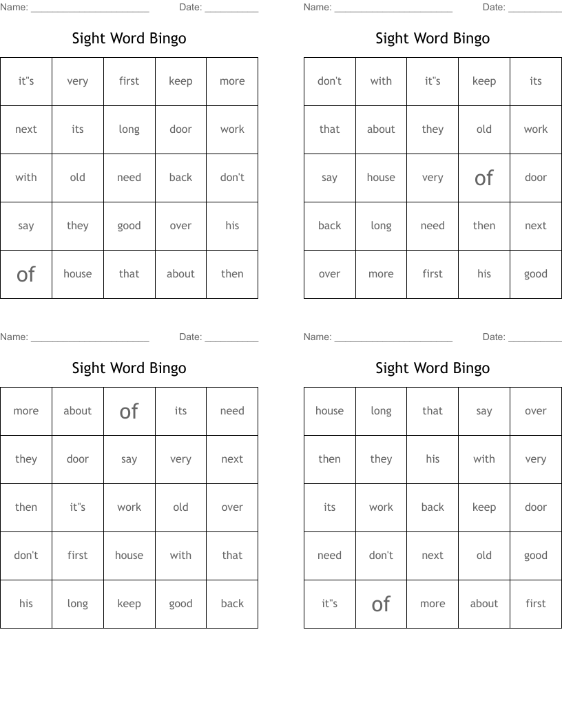 Sight Word Bingo