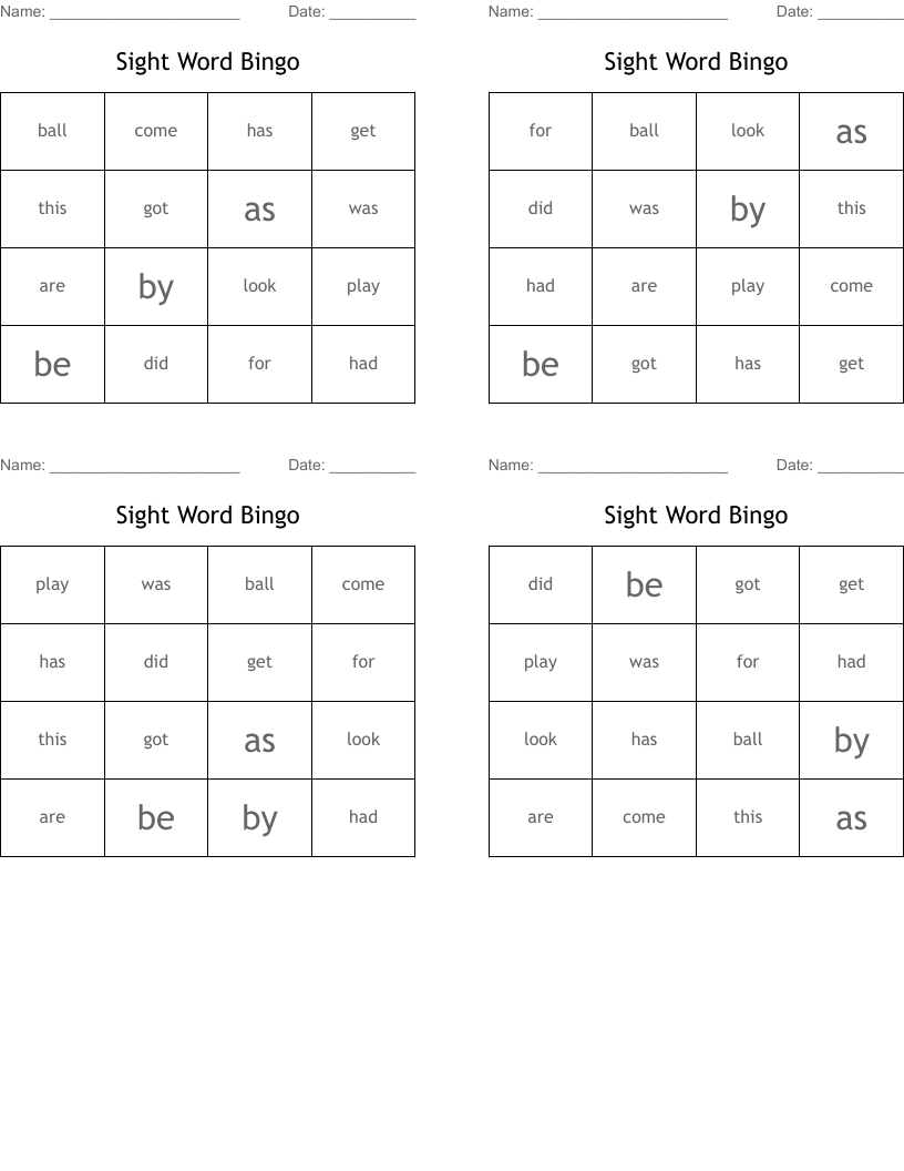 Sight Word Bingo