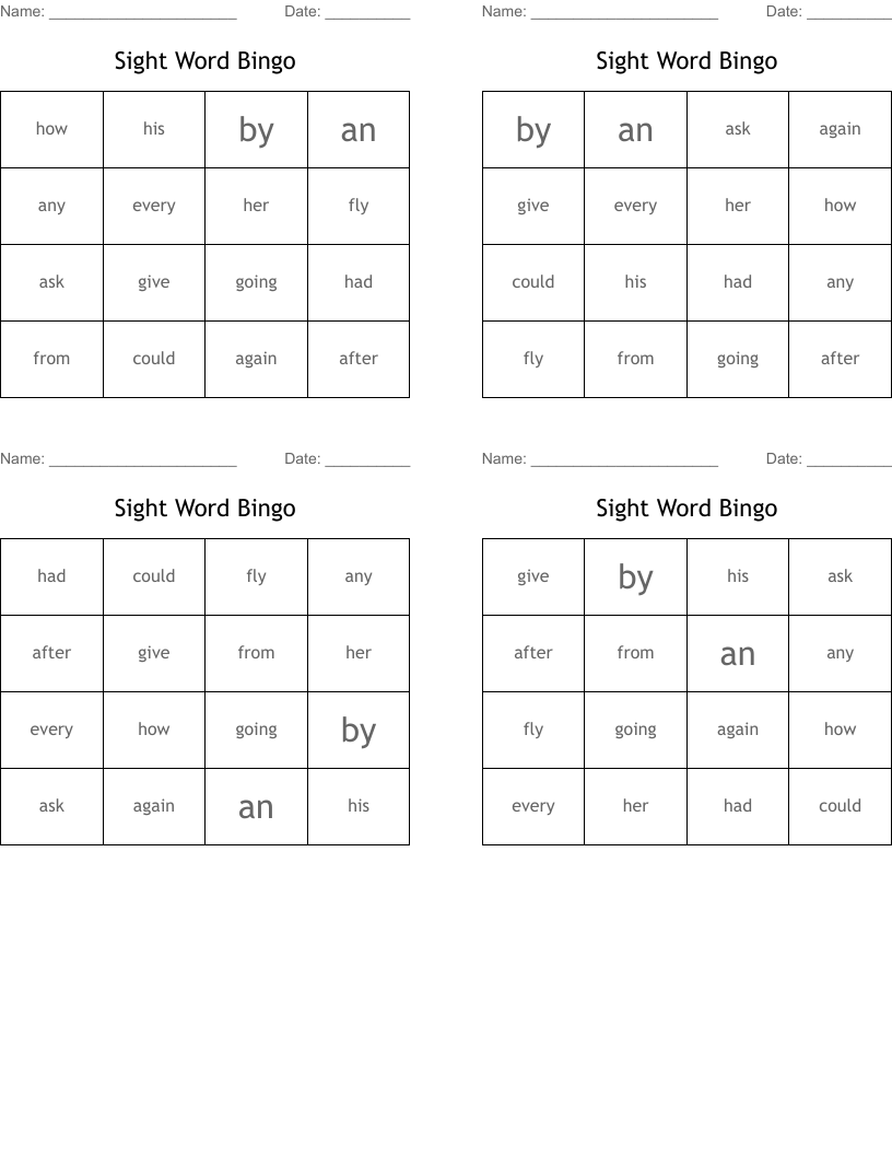 Sight Word Bingo