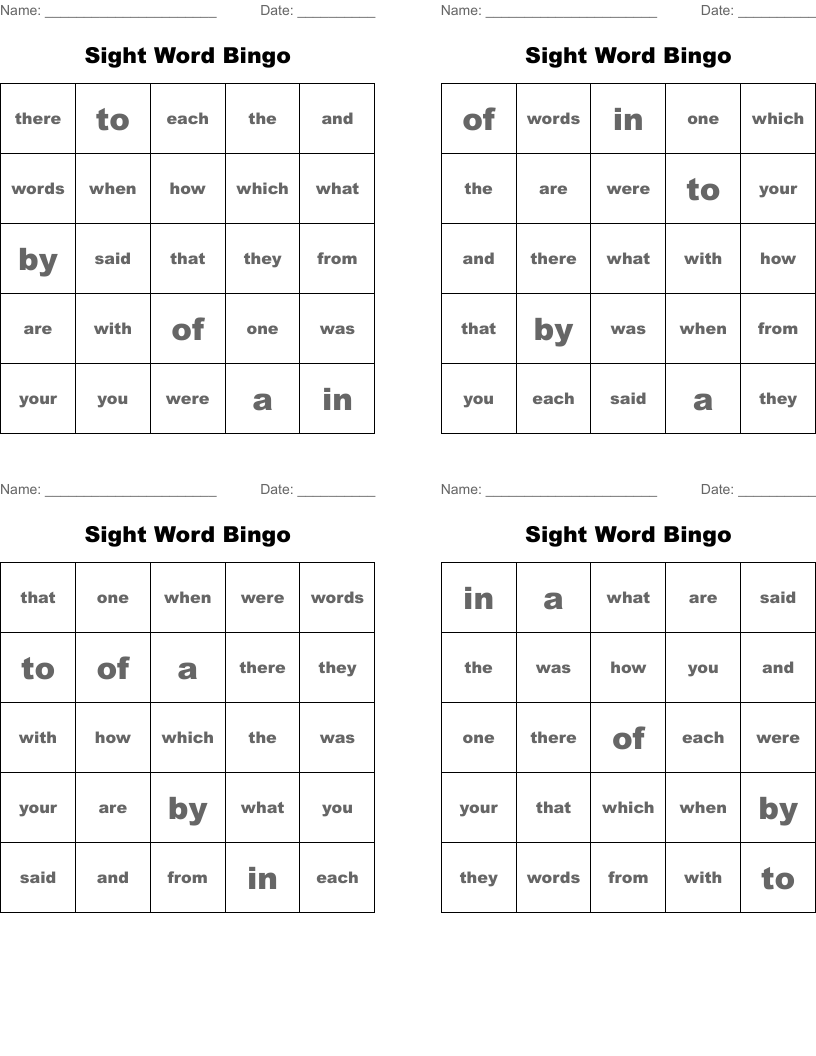 Sight Word Bingo