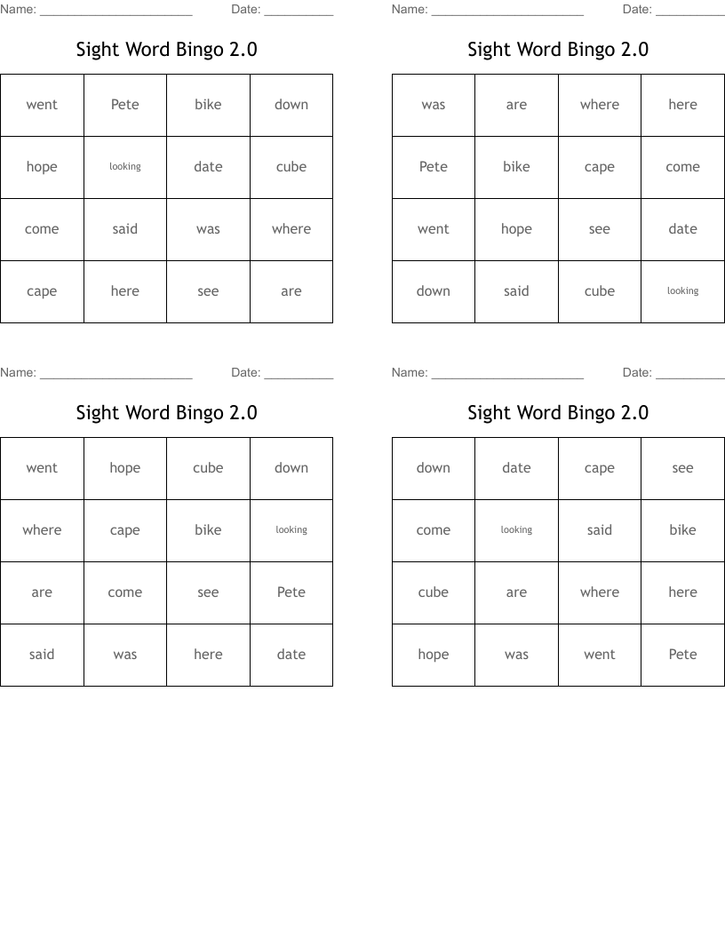 Sight Word Bingo 2.0