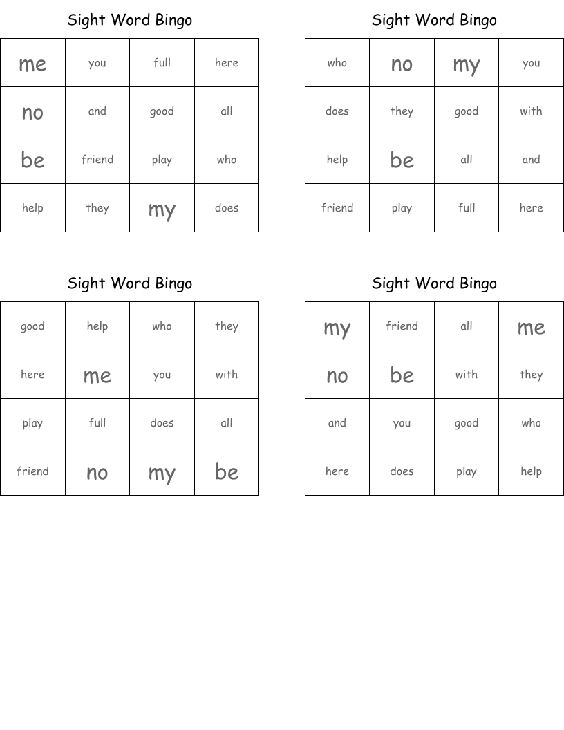 Sight Word Bingo