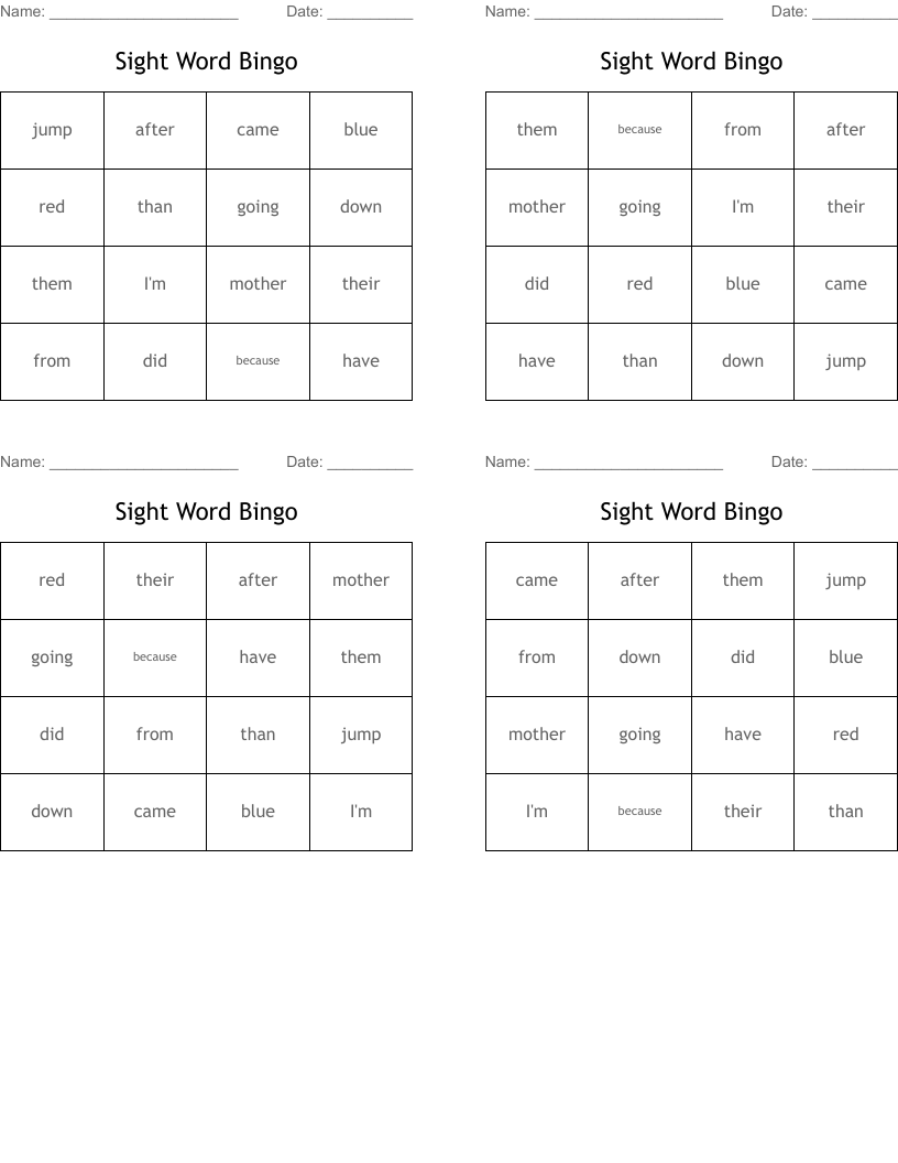 Sight Word Bingo