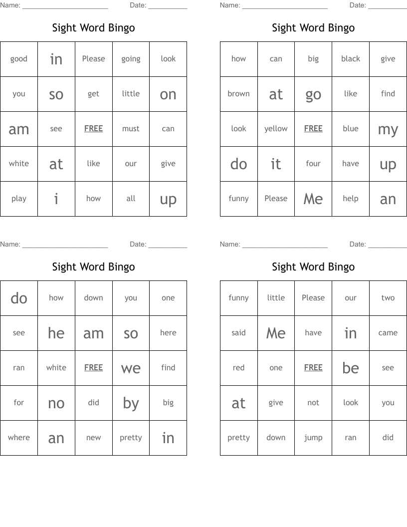 Sight Word Bingo