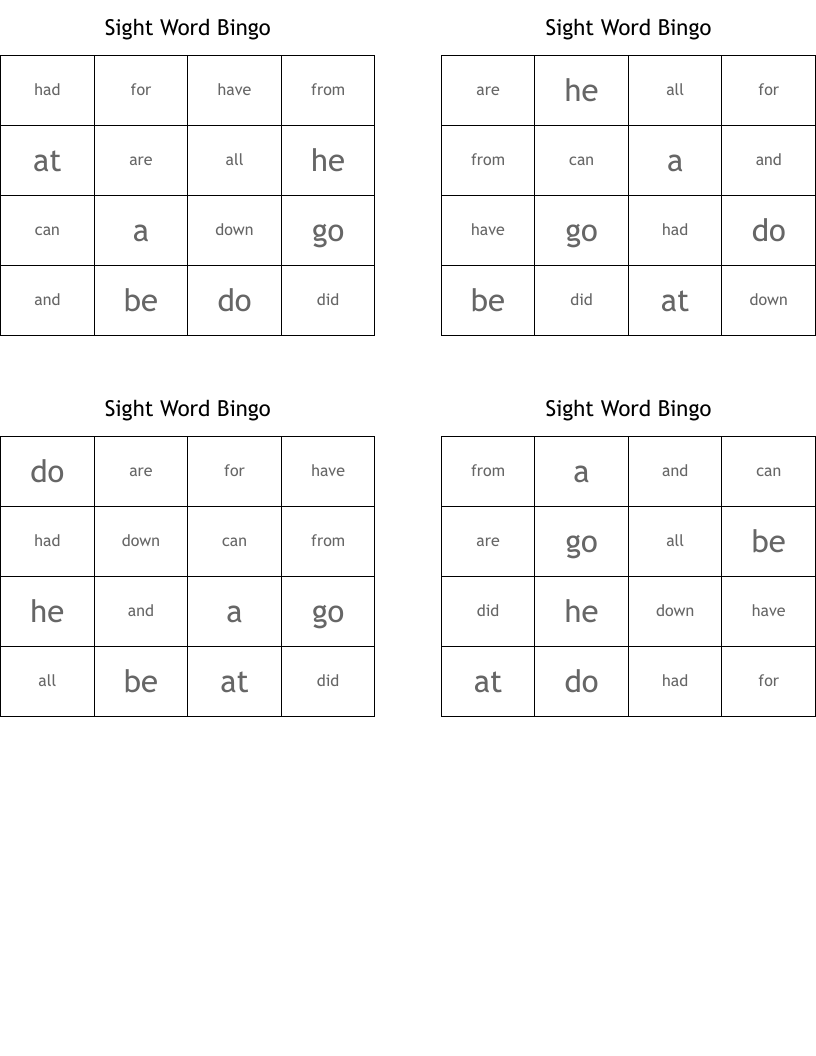 Sight Word Bingo