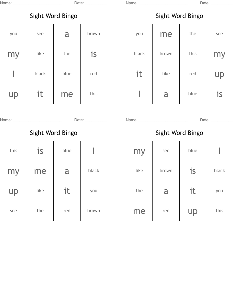 Sight Word Bingo