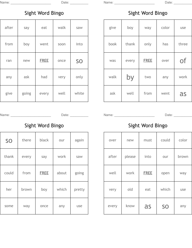 Sight Word Bingo