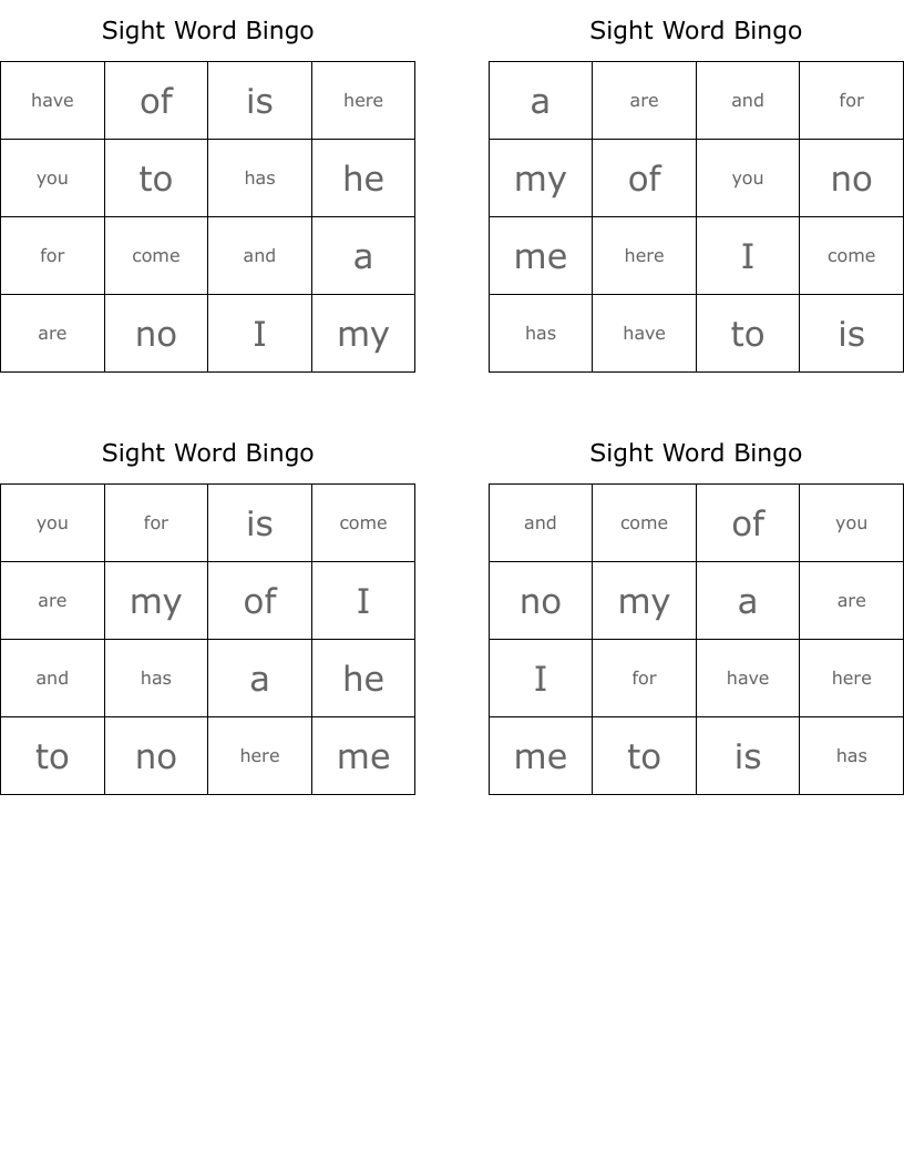 Sight Word Bingo