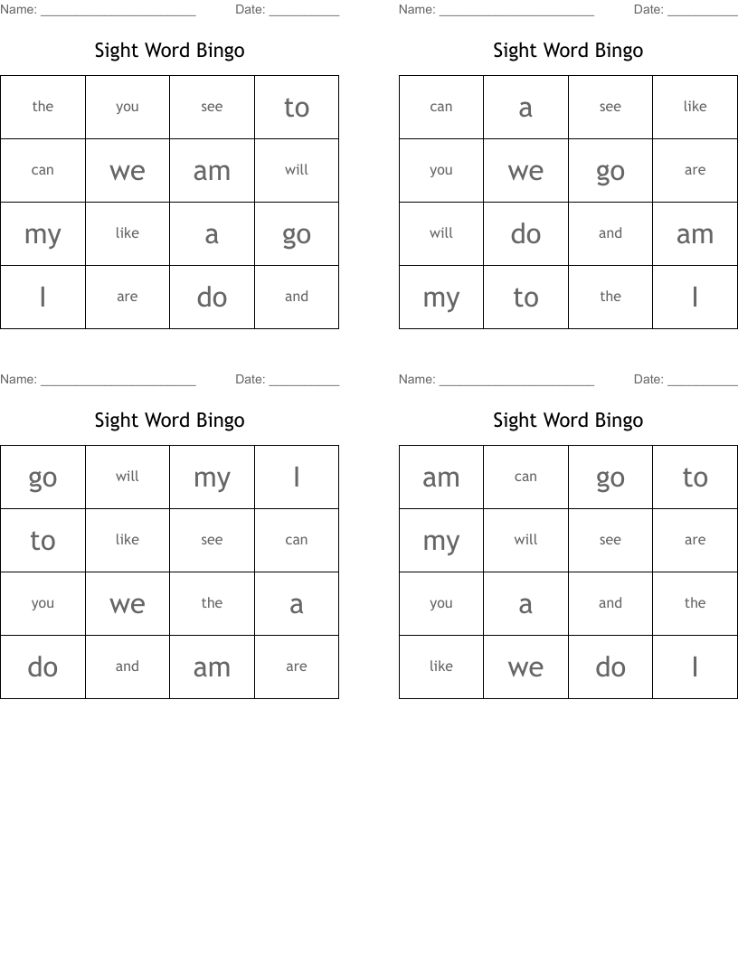 Sight Word Bingo