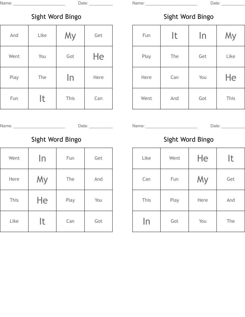 Sight Word Bingo