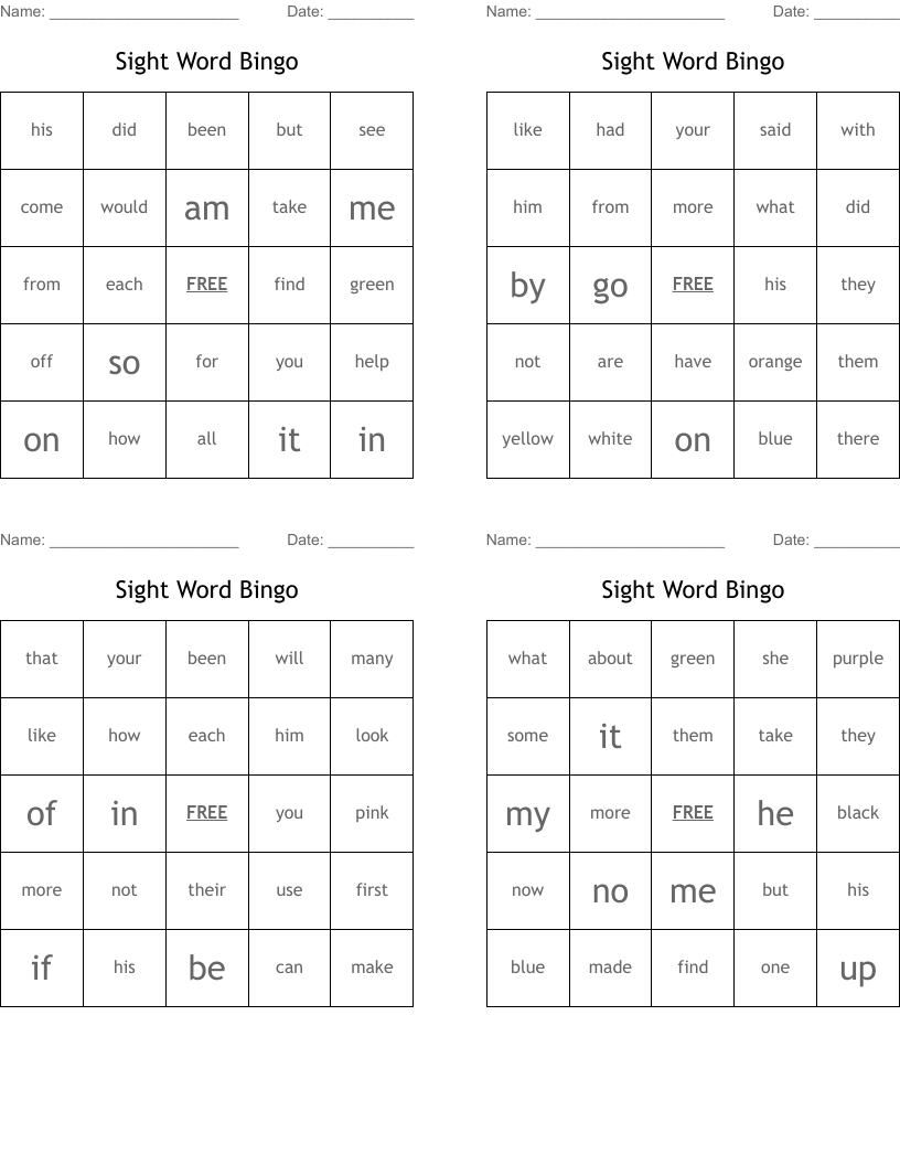 Sight Word Bingo