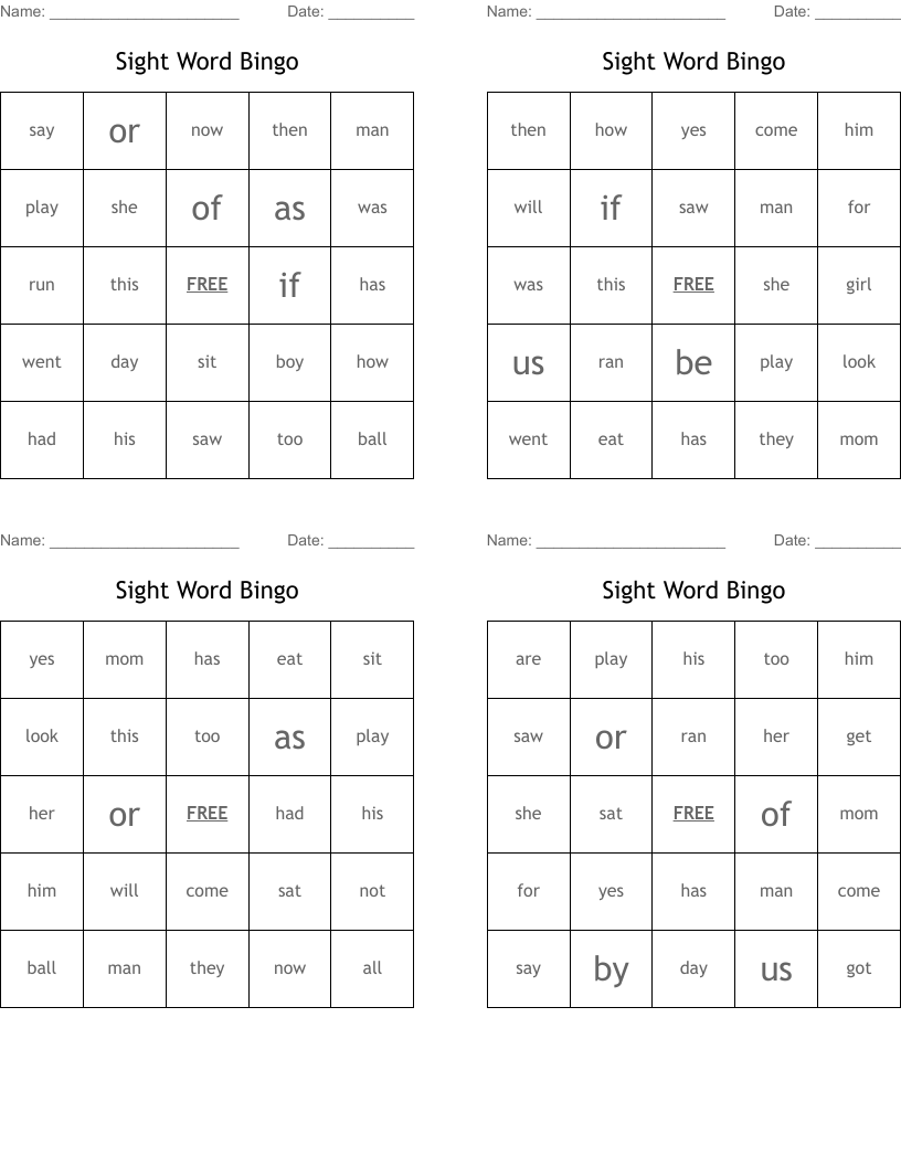 Sight Word Bingo