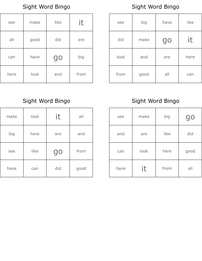 Sight Word Bingo