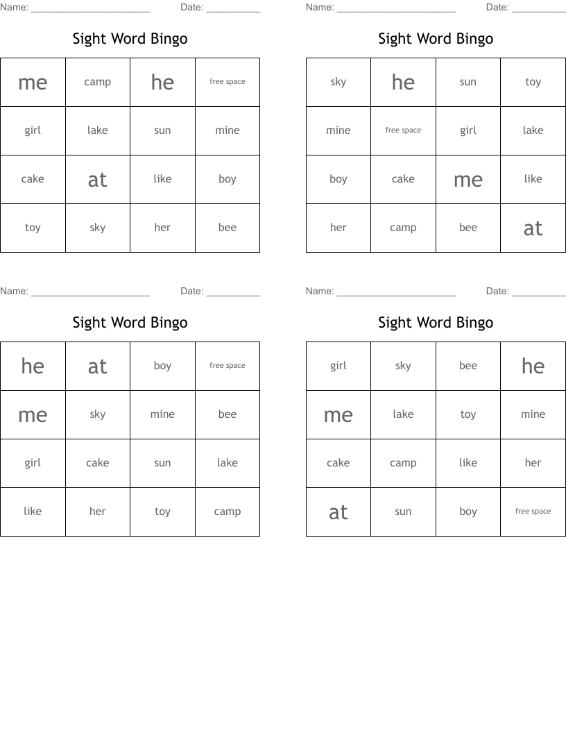 Sight Word Bingo