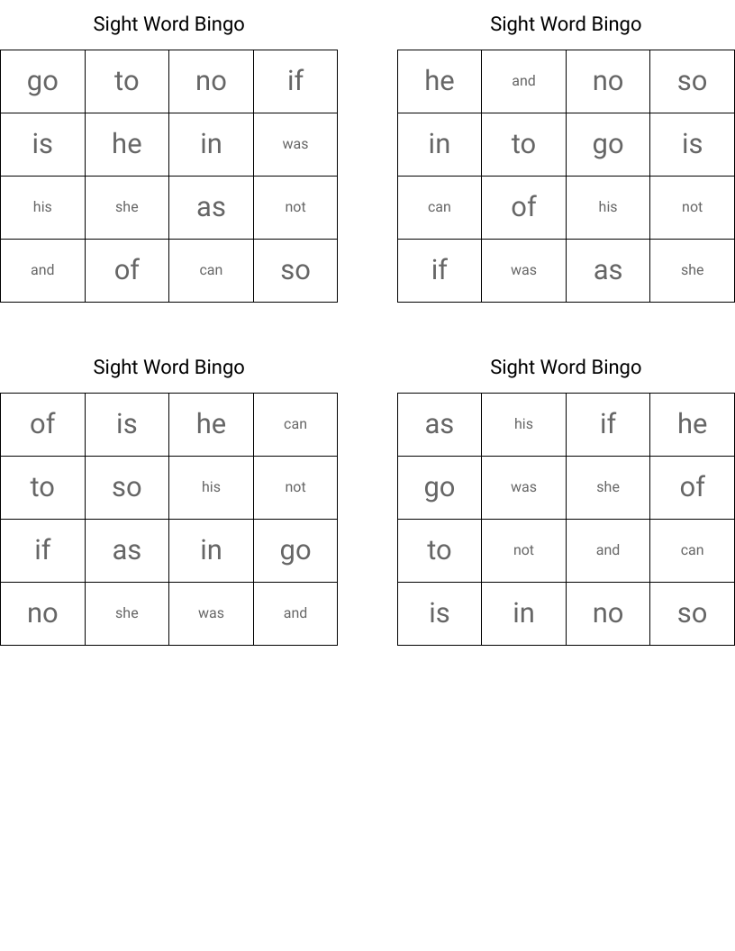 Sight Word Bingo