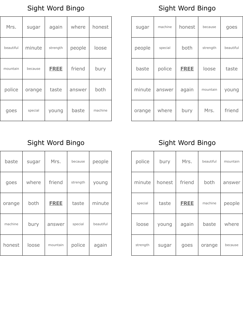 Sight Word Bingo