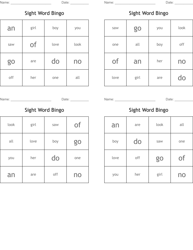 Sight Word Bingo