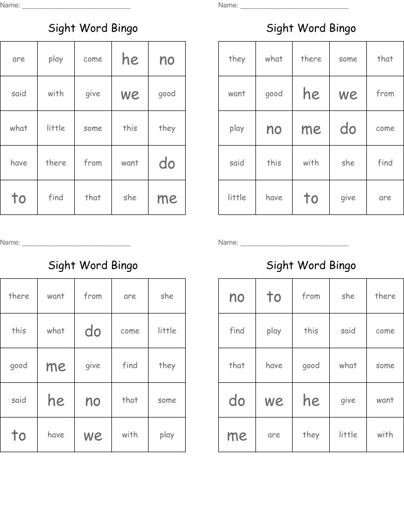 Sight Word Bingo