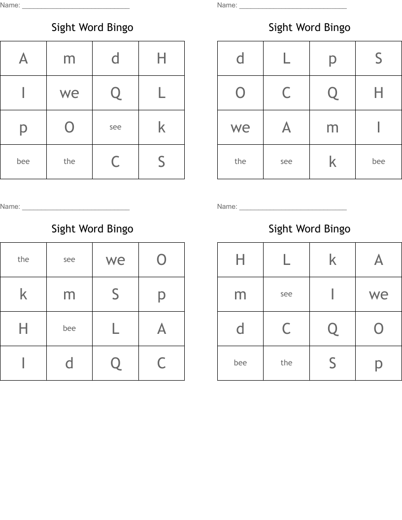 Sight Word Bingo