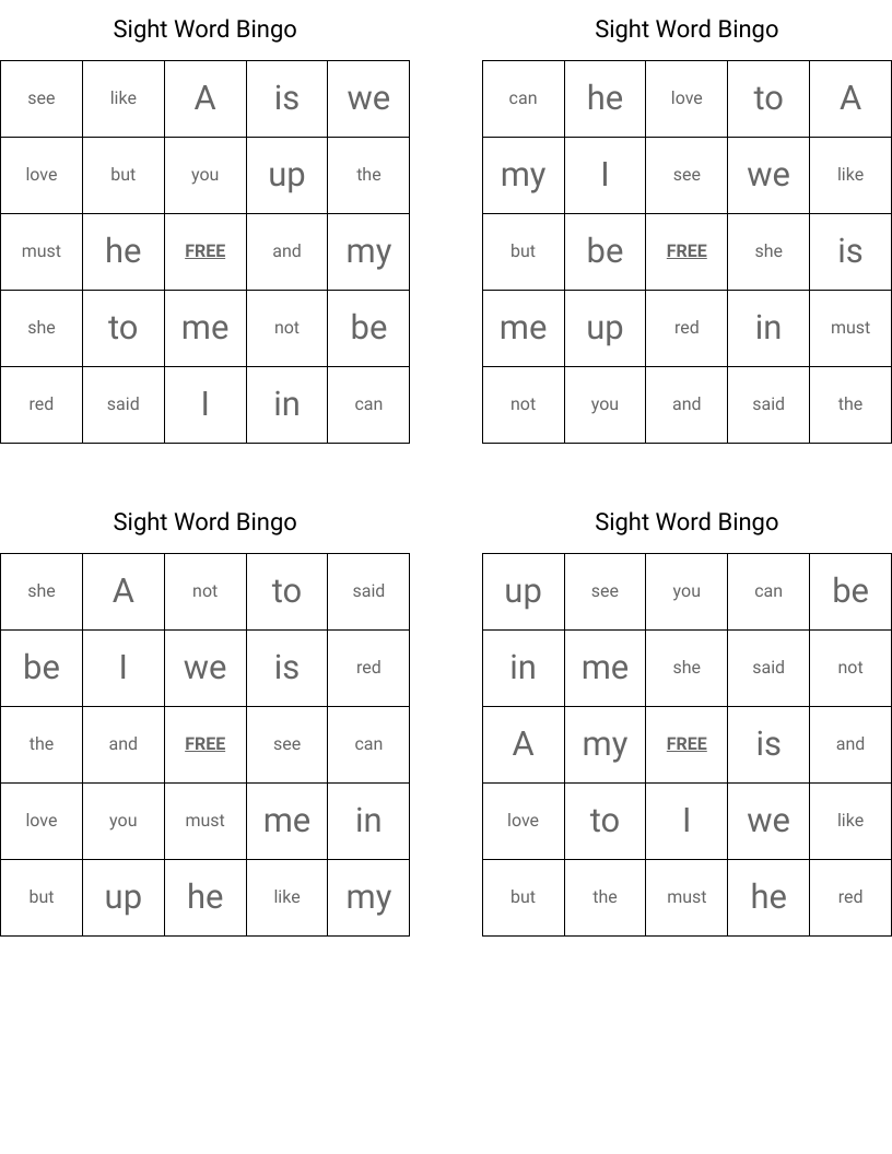 Sight Word Bingo
