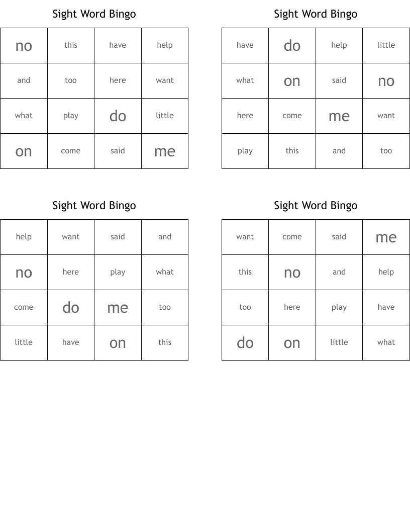 Sight Word Bingo