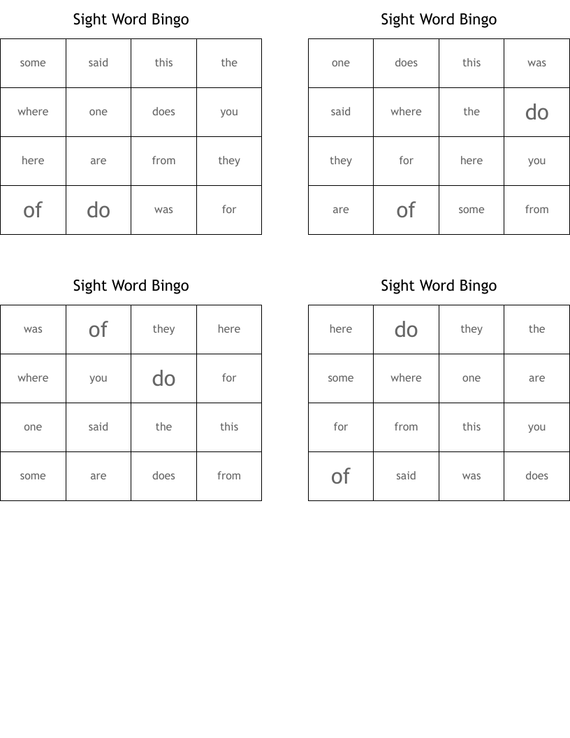 Sight Word Bingo