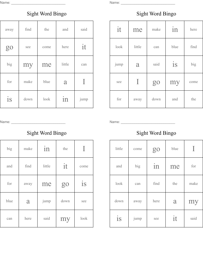 Sight Word Bingo