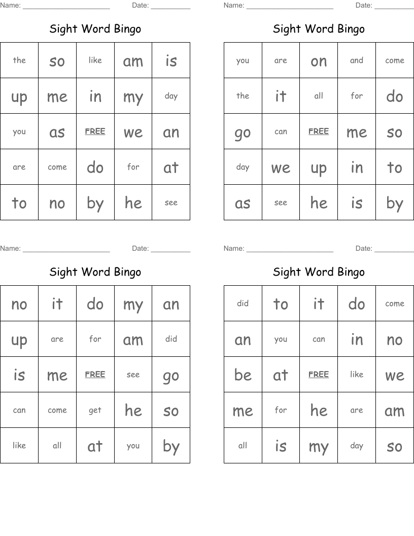Sight Word Bingo