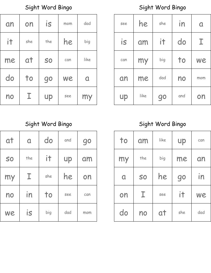 Sight Word Bingo