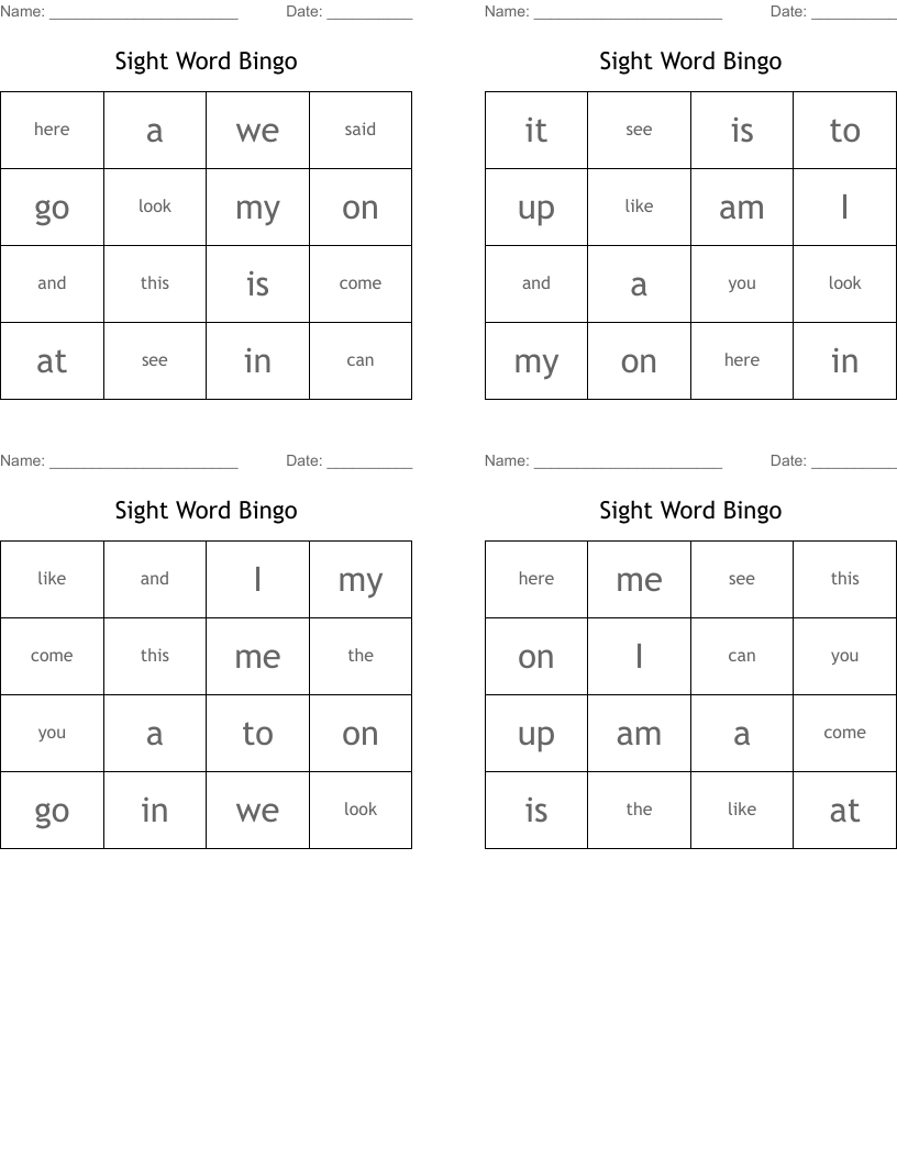 Sight Word Bingo