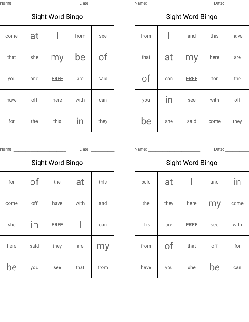 Sight Word Bingo