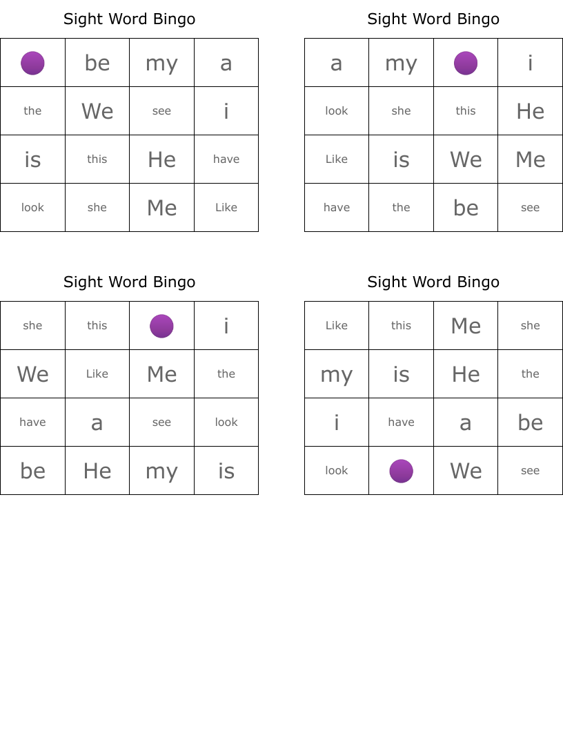 Sight Word Bingo